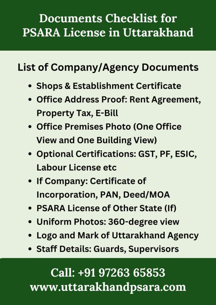 Documents Checklist for PSARA License in Uttarakhand