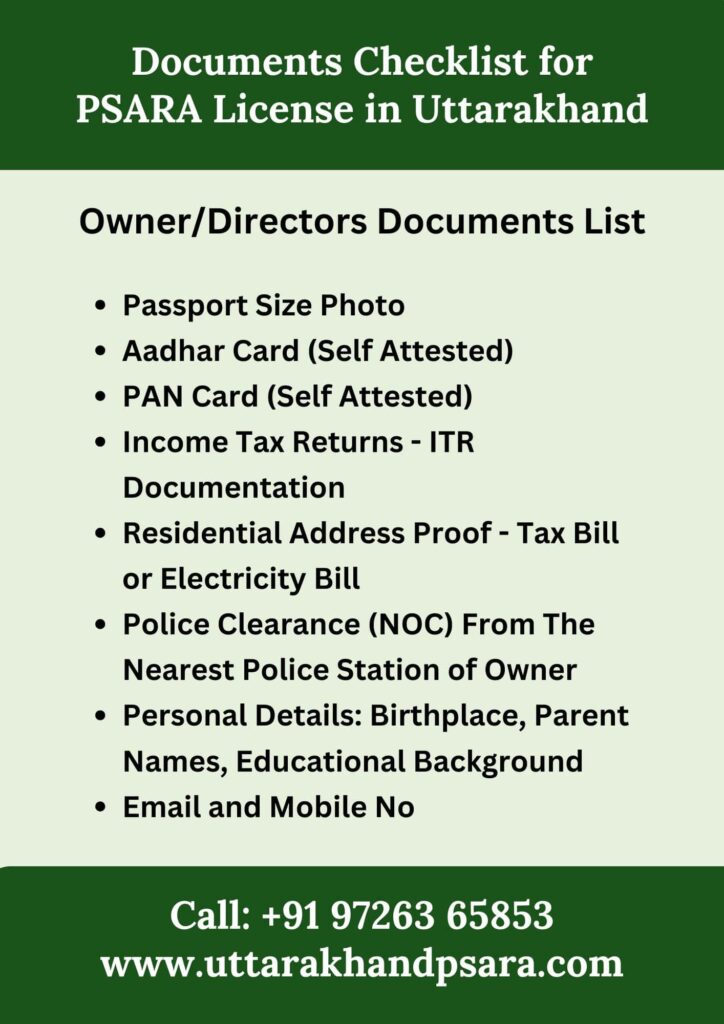 Documents Checklist for PSARA License in Uttarakhand